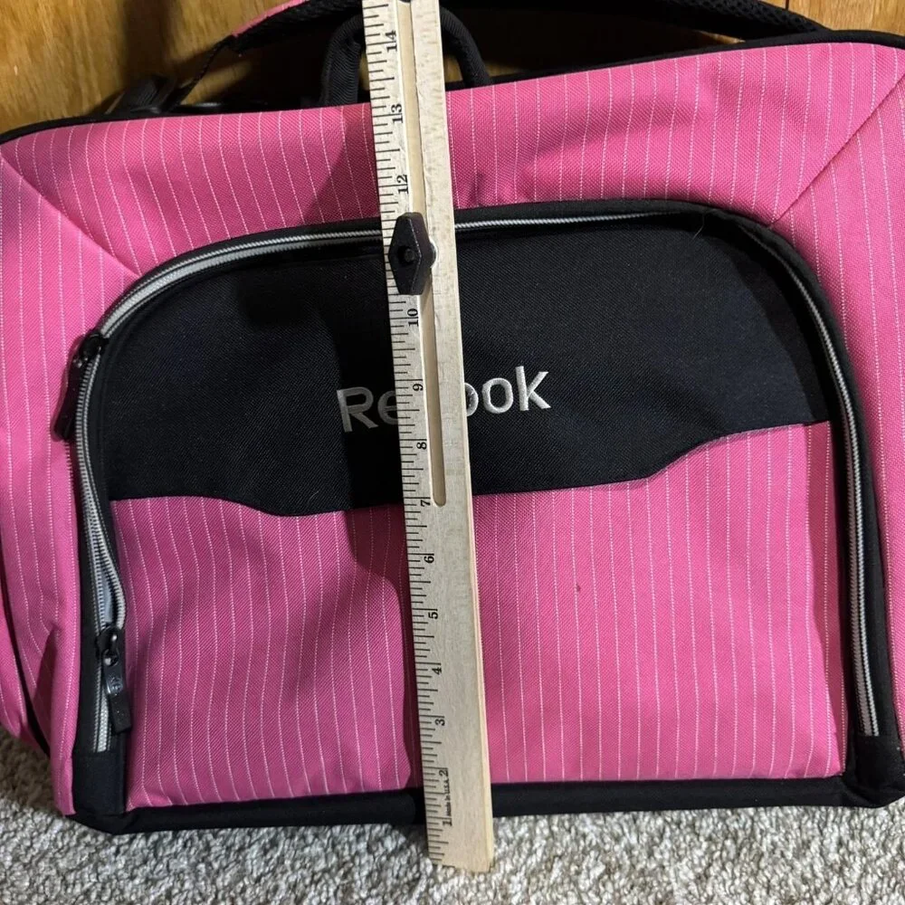Reebok Messenger Laptop Shoulder Bag Pink Pinstripe Black Multi Pocket Travel